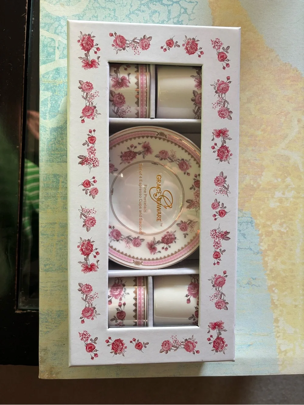 Grace teaware set of 4 espresso cups + saucers.Pink + white floral design. 26.00